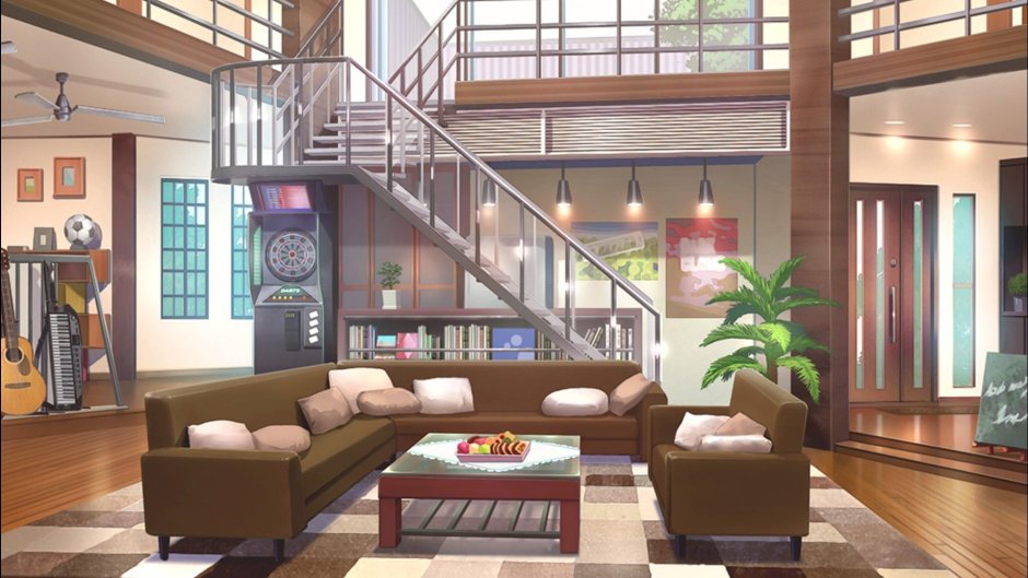 Concept of modern living room during day with furniture and big windows,  view on town in the background. Anime style digital illustration. Stock  Illustration | Adobe Stock