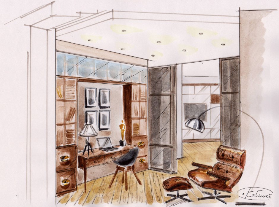 Perspective drawing of living room