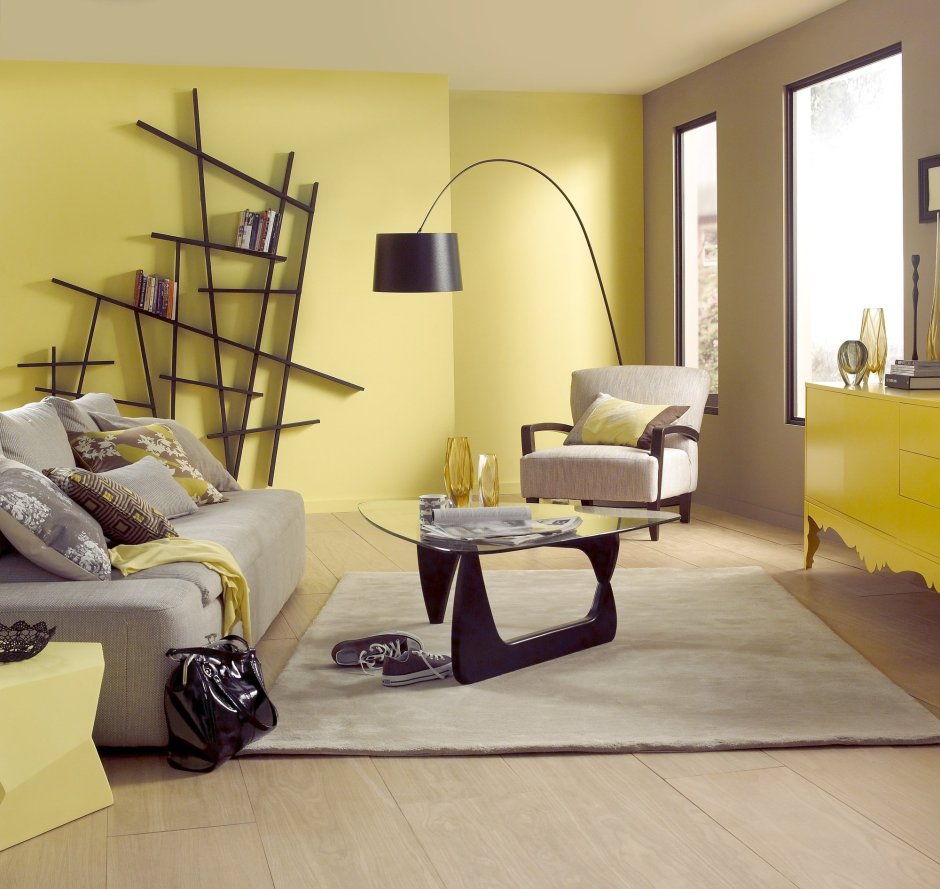 Yellow wall design for living room