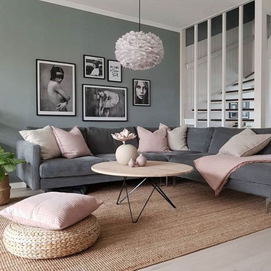 Grey pink black and white living room