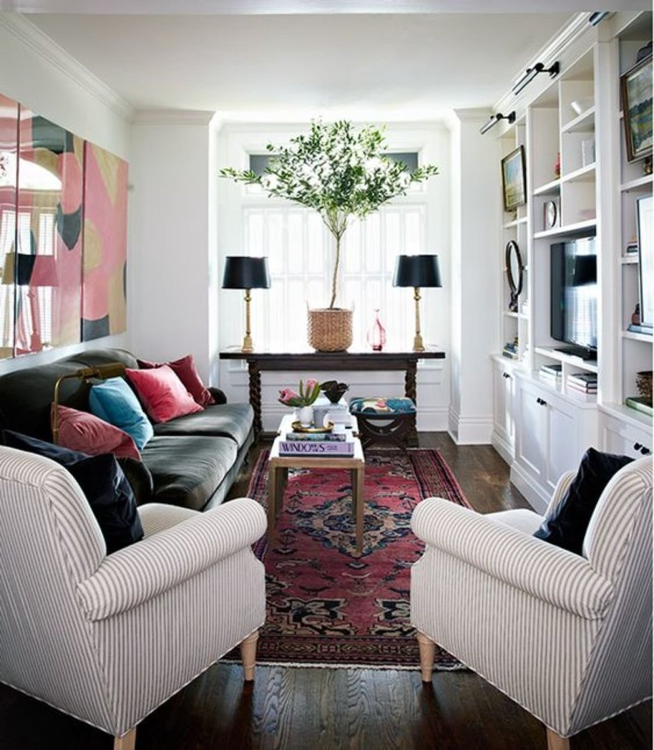 Long rectangular living room layout