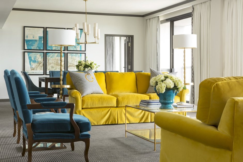 Yellow blue grey living room