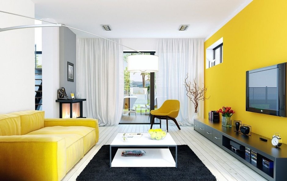 Yellow feature wall living room