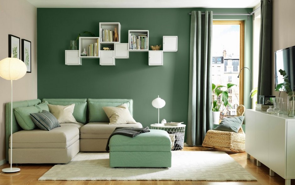 Bottle green and grey living room