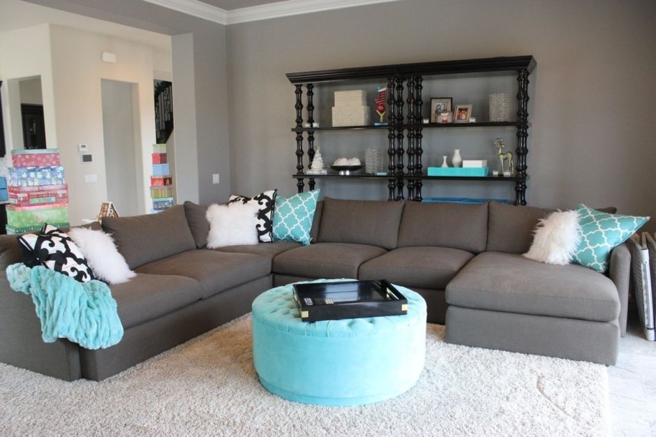 Teal blue and brown living room