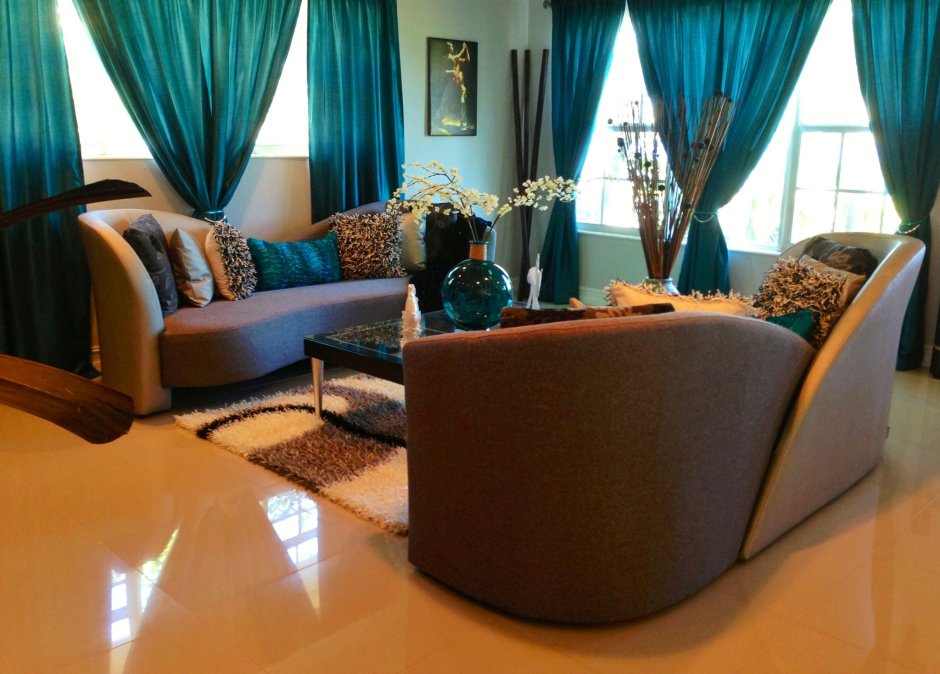 Chocolate brown and teal living room