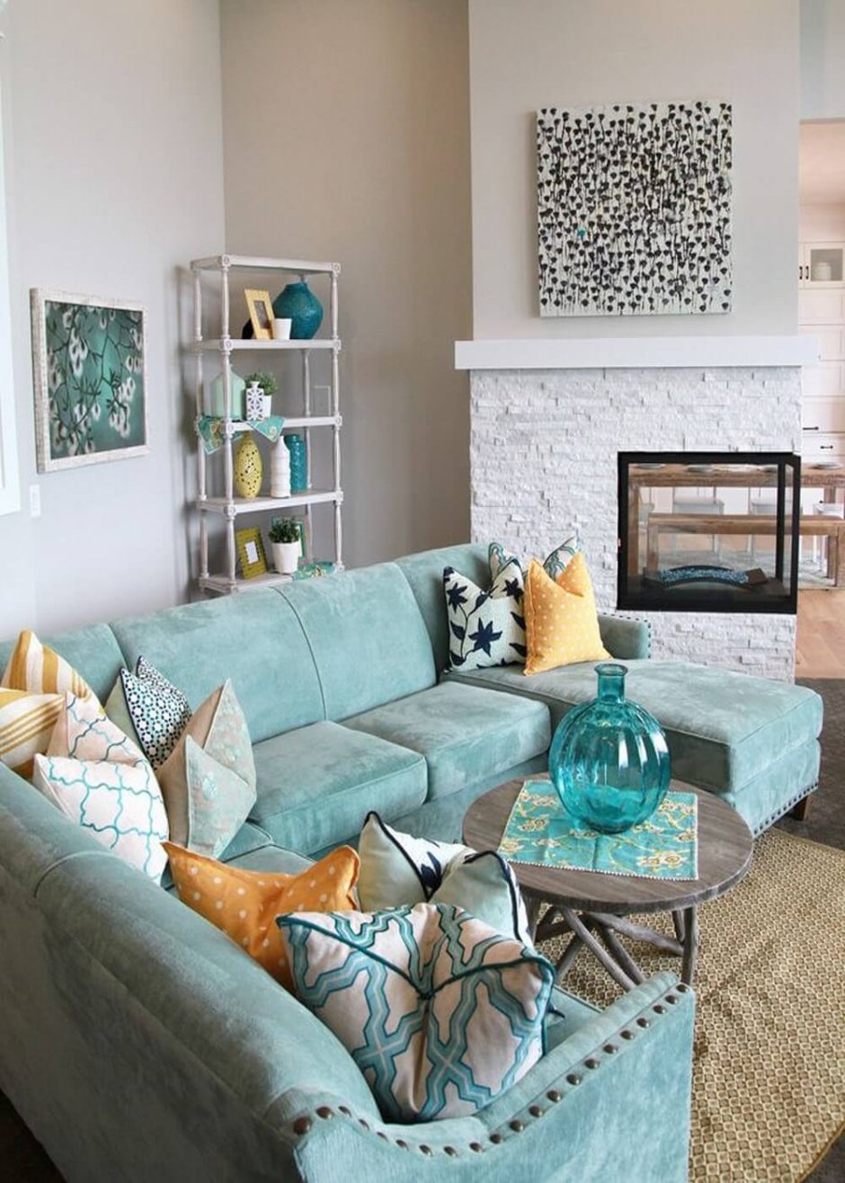 Turquoise and brown living room decor