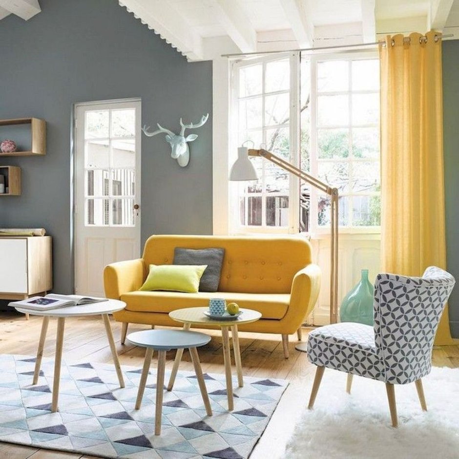 Blue and yellow living room walls