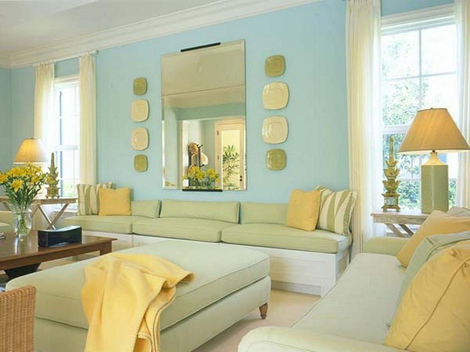 Yellow and brown living room decor