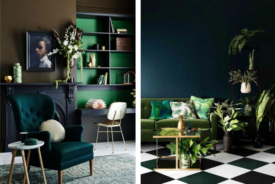 Dark green accent wall living room
