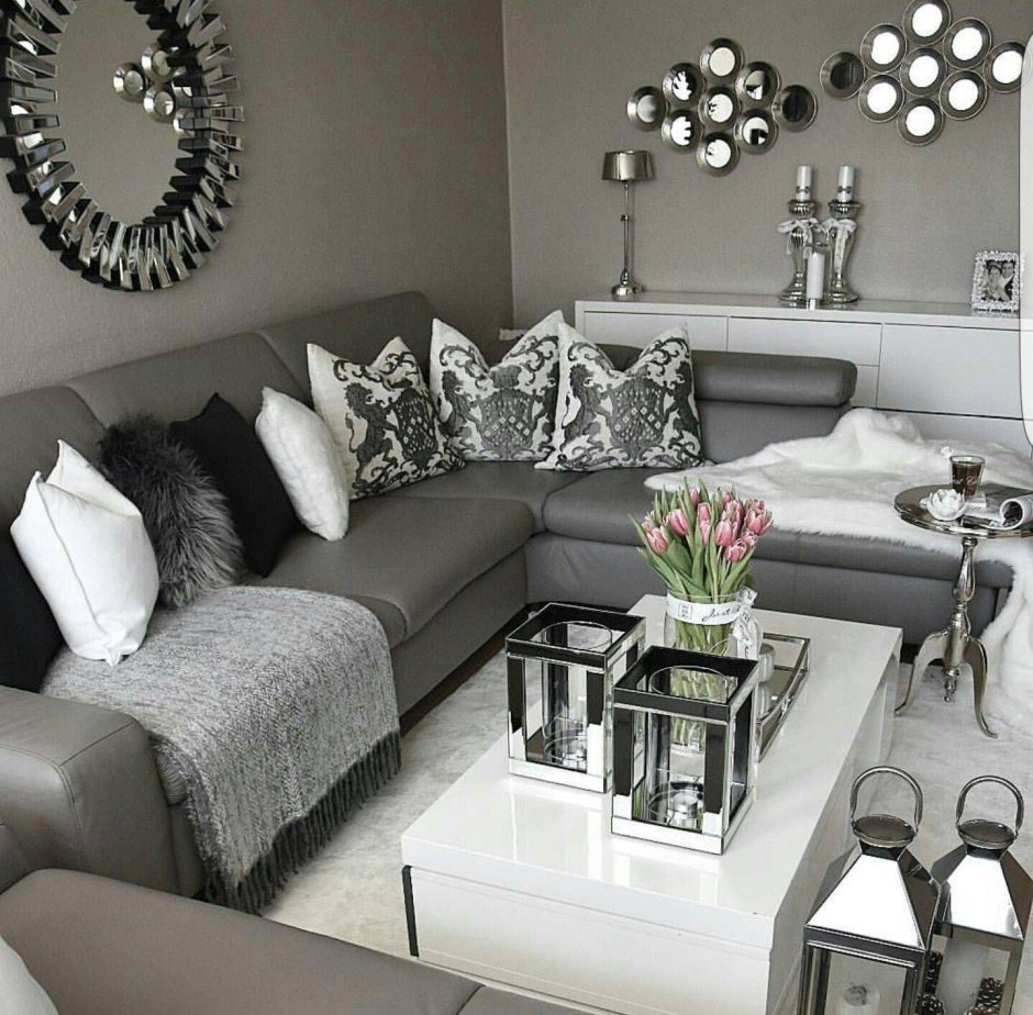 Living room with dark gray sofa
