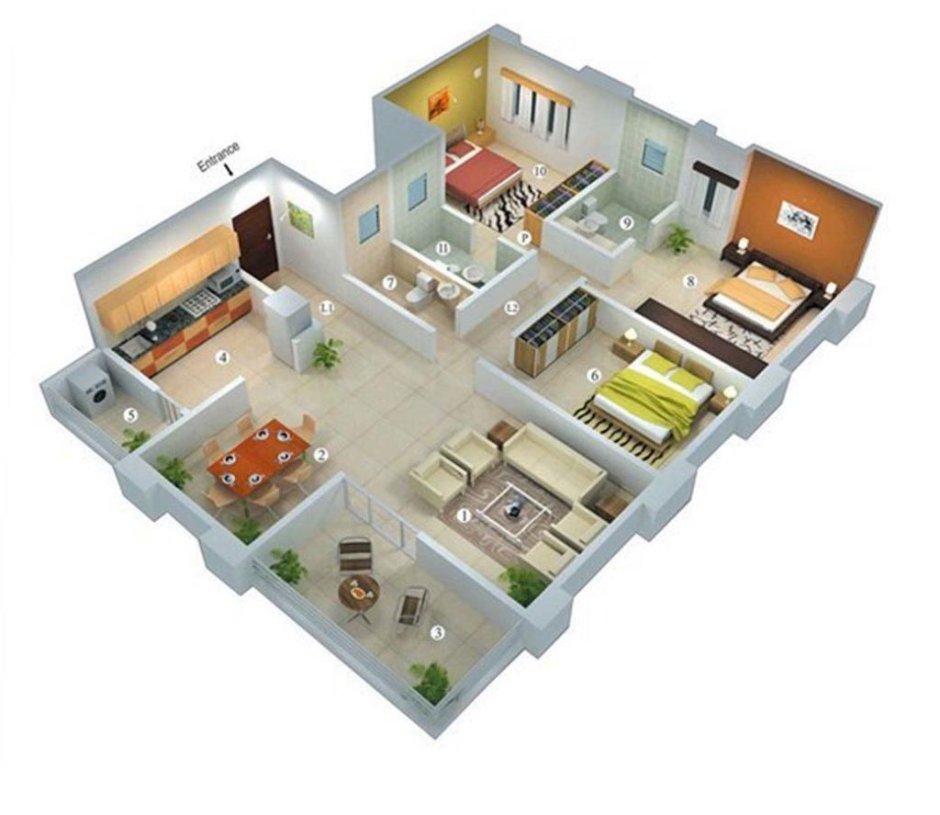 Three roomed house plans