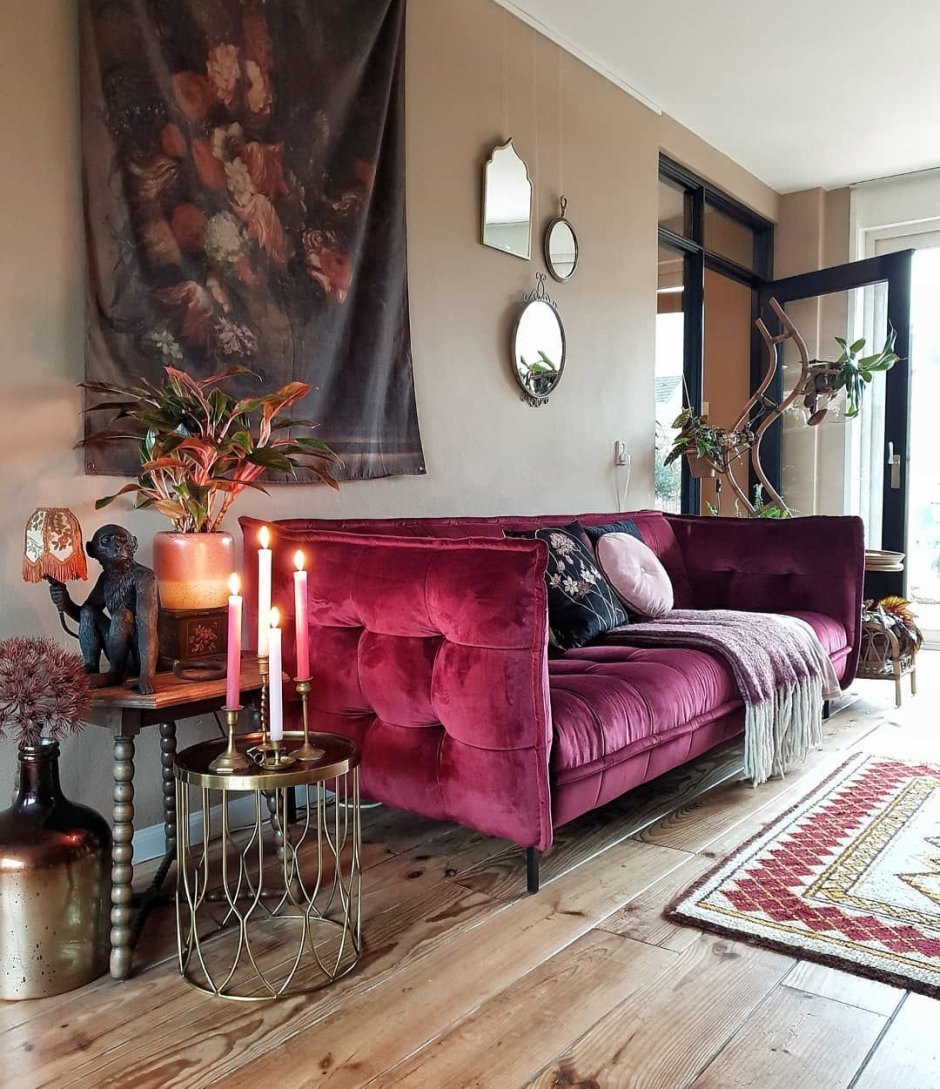 Cream and burgundy living room