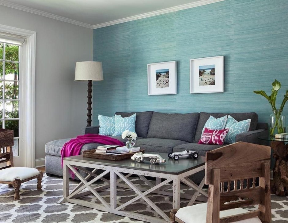 Turquoise grey and teal living room