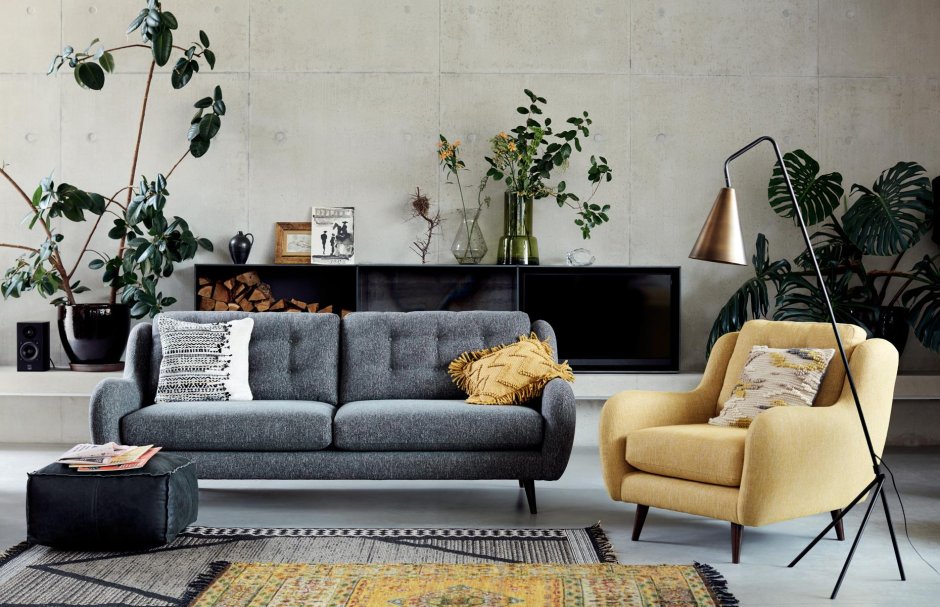Living room with dark grey sofa