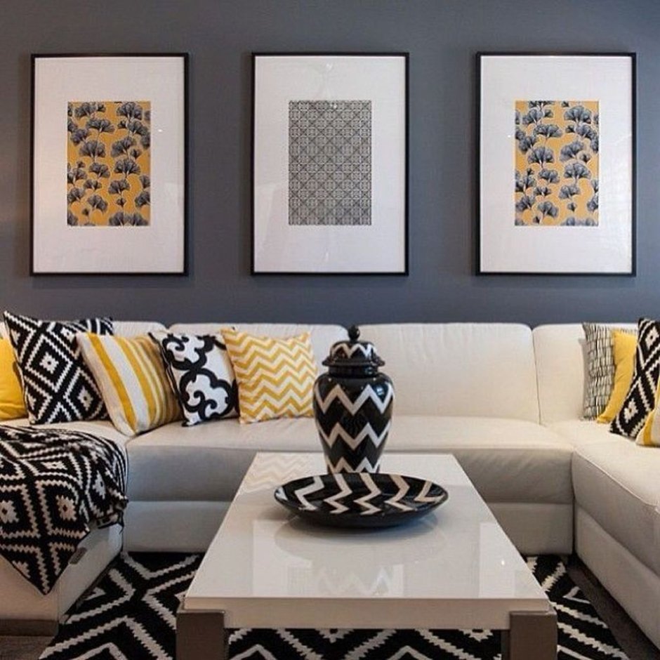 Grey black and yellow living room