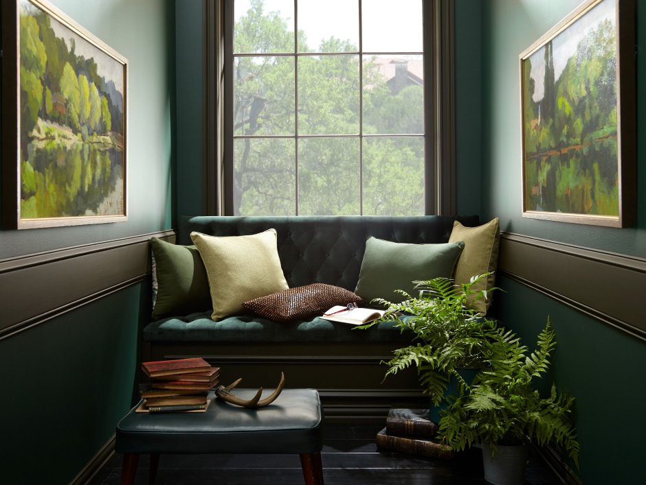 Green couch boho living room