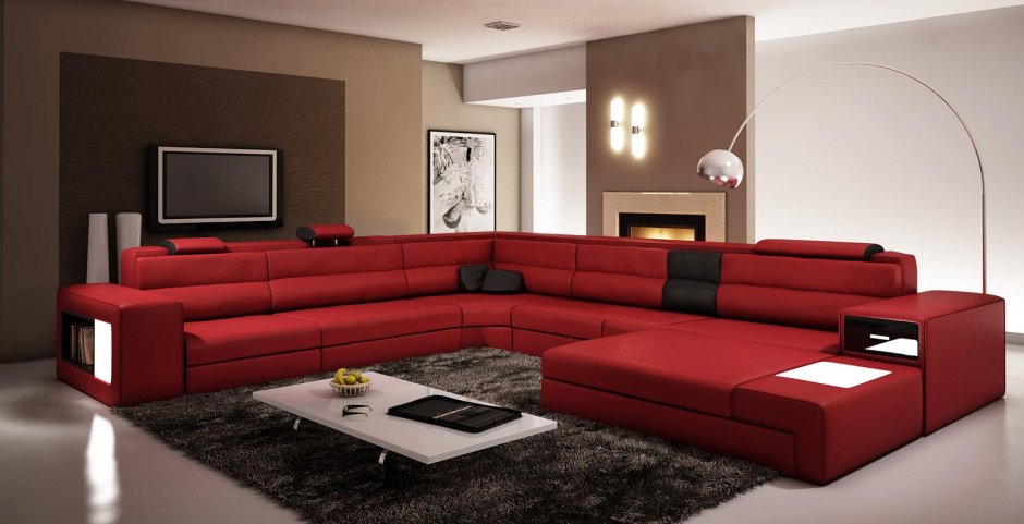 Red couch living room design