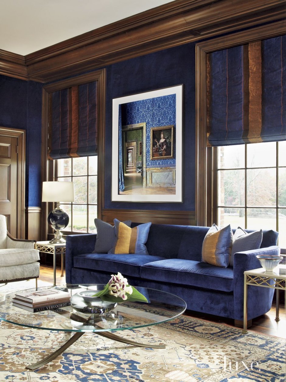 Navy blue and brown living room