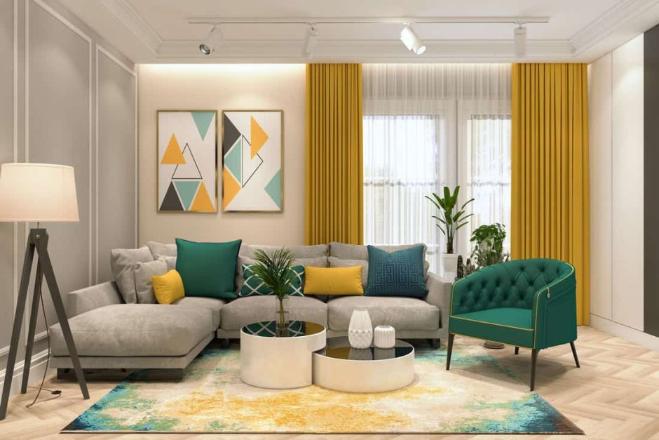 Blue and mustard living room
