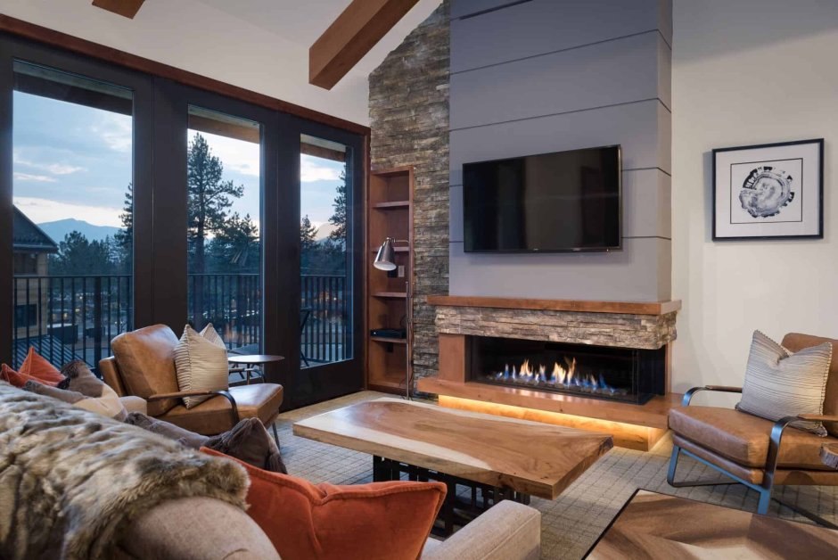 Living rooms with corner fireplaces
