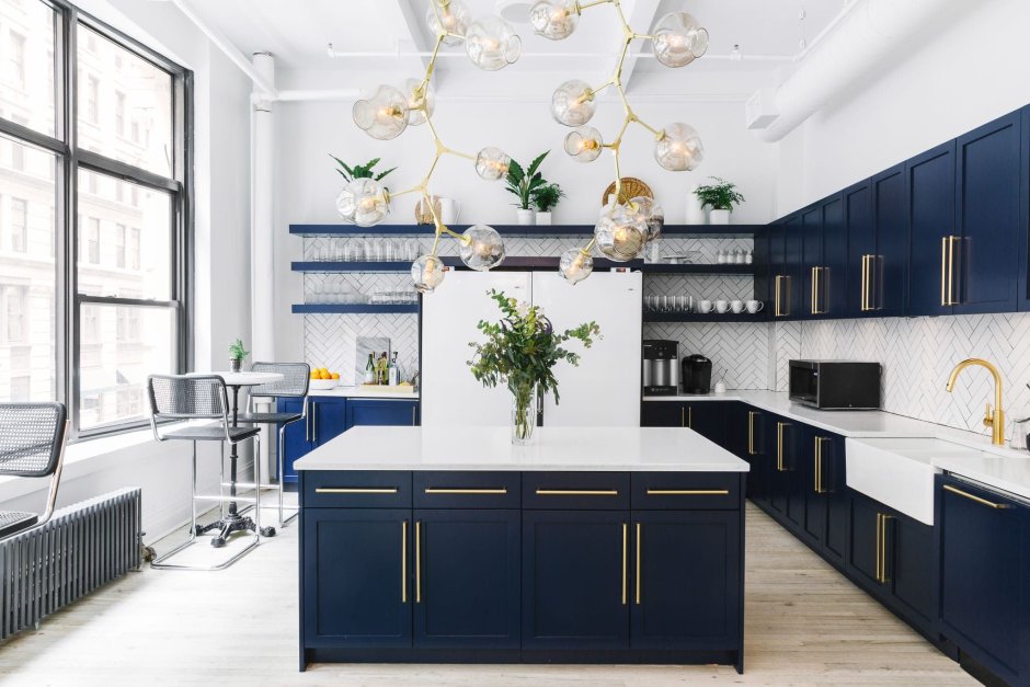 Dark blue and white kitchen