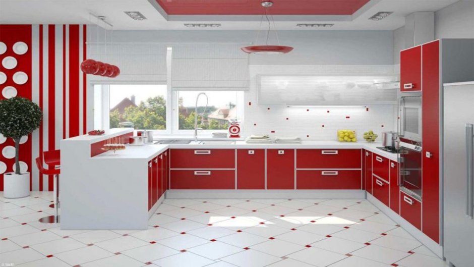 Black red and white kitchen