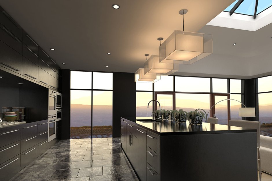 Modern kitchen with big windows