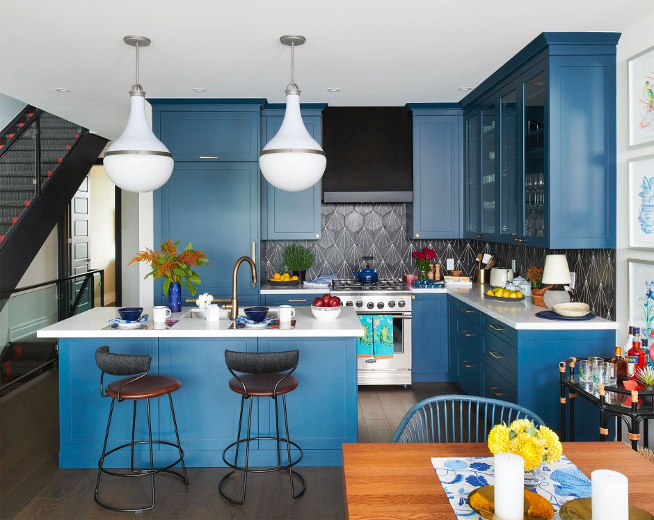 Black white and blue kitchen