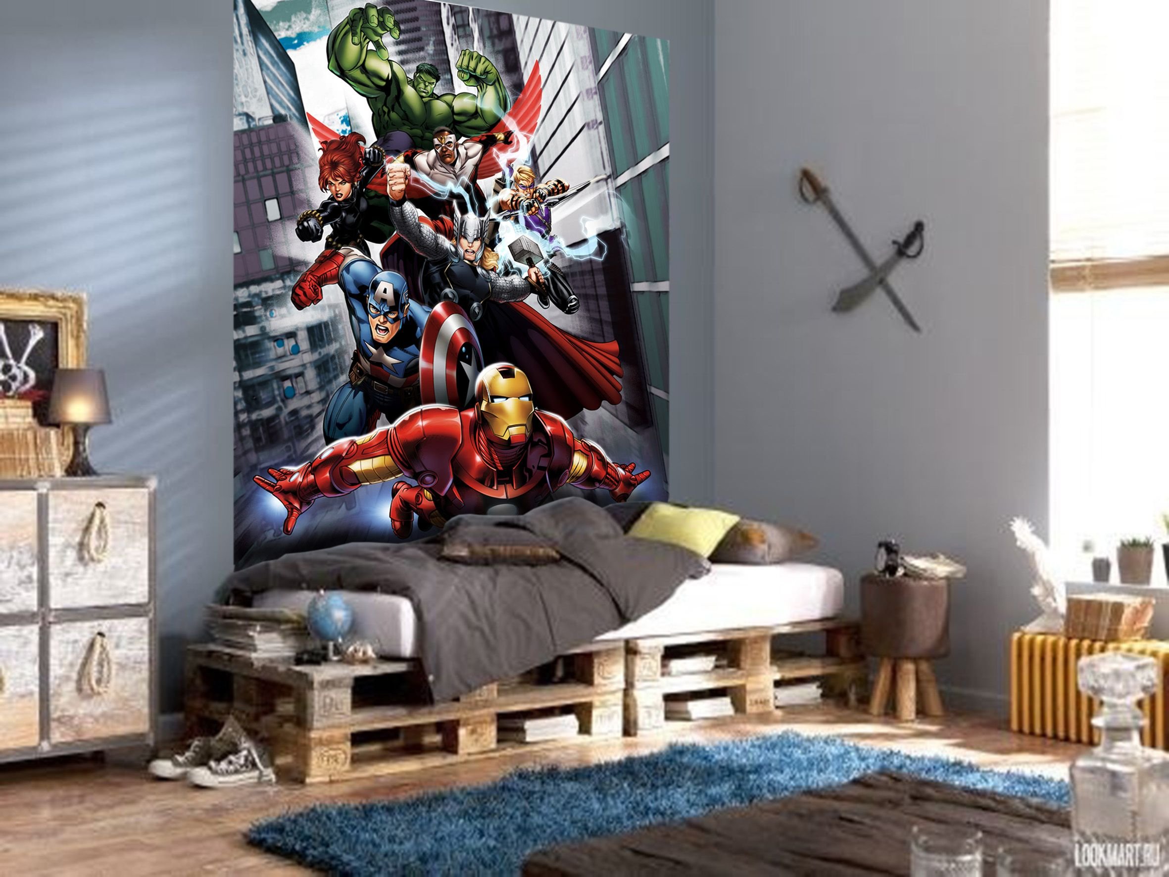 Комната марвел. Комната в стиле железного человека. Комната Мстители. Фотообои Марвел. Марвел на стене.