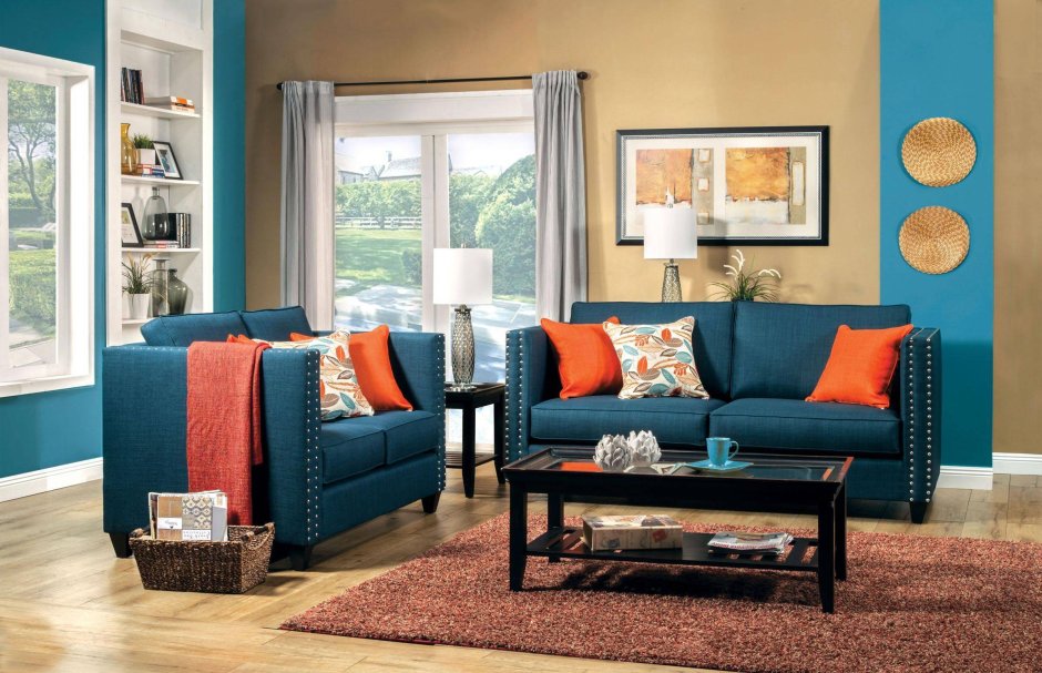 Blue green and orange living room