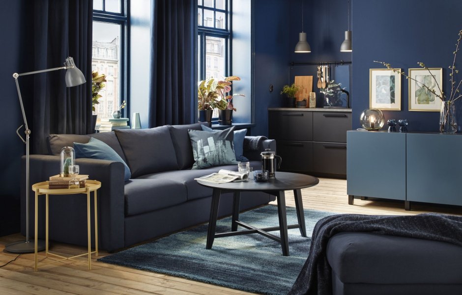 Blue and yellow living room furniture