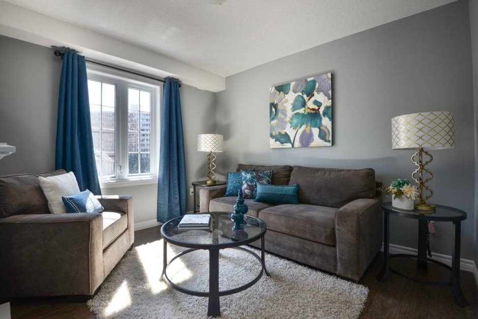 Blue brown and white living room