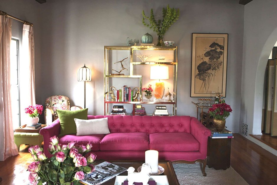 Grey pink green living room