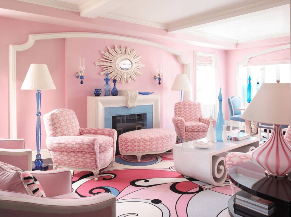 Pink black and white living room